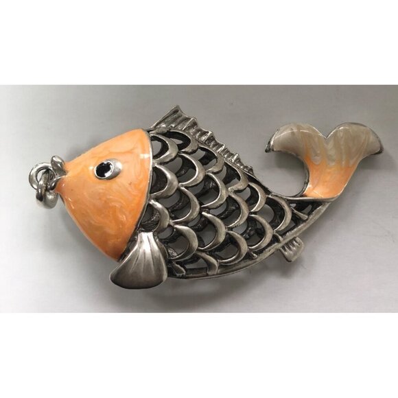 Sterling Silver Dimensional Fish Enamel Large Puffy 925 Drop 3" - Picture 1 of 9
